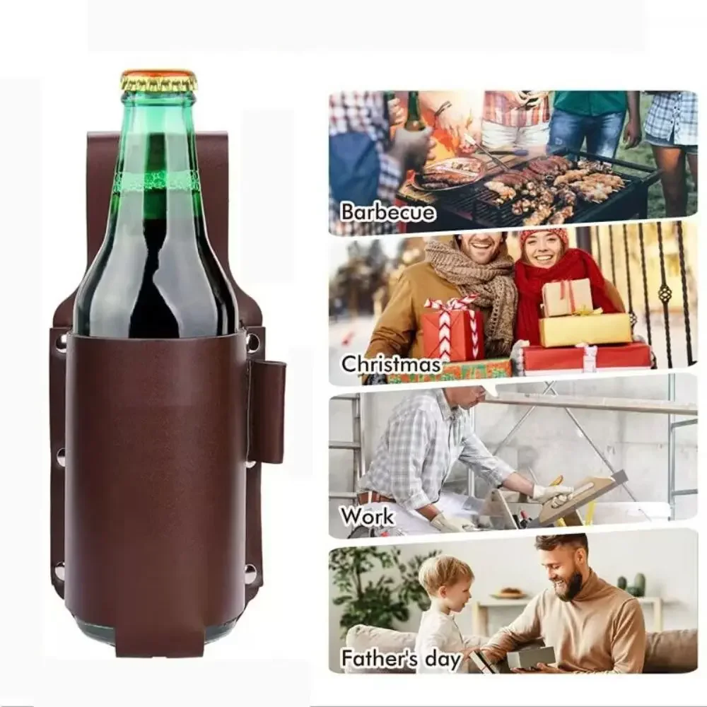 Wine Beer Holder - PUレザービールボトルウエストホルスターウエストハンギングスタイルポータブルワインボトル飲料ホルダーペンホルダー付き